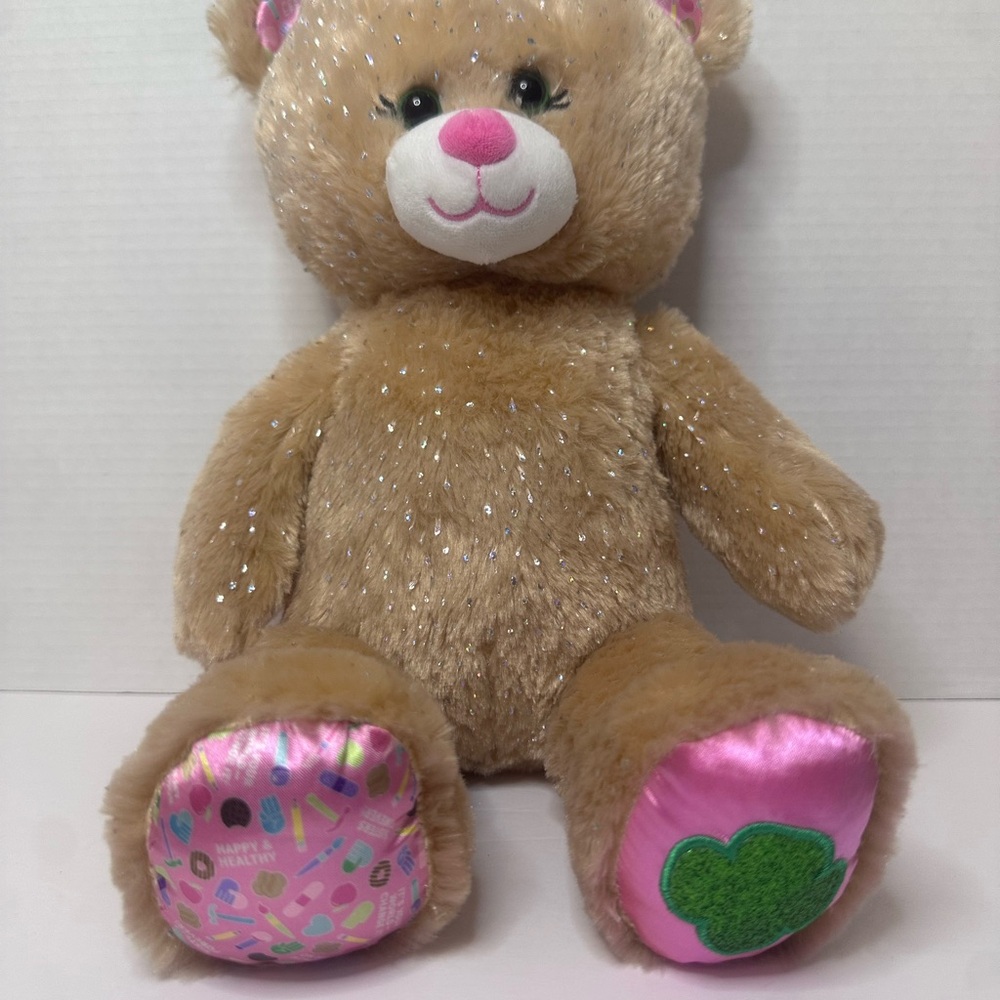 Build-A-Bear Girl Scout Trefoil Bear Sparkly 17” Glittery Light Brown & Sequin